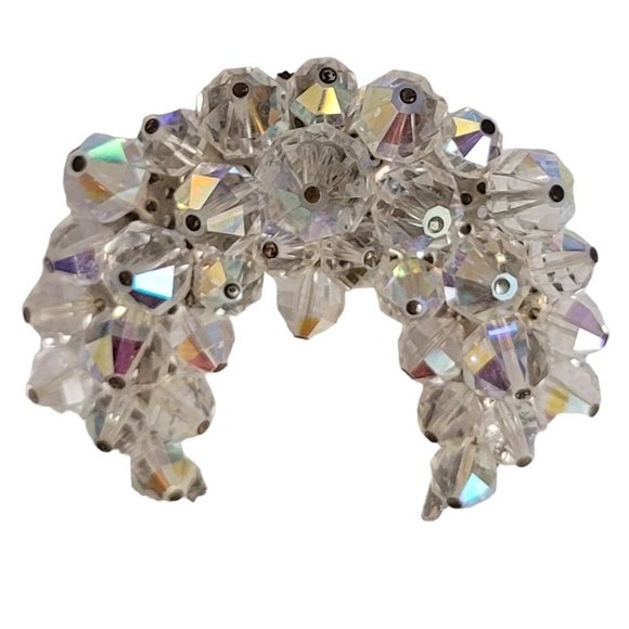 Silver Tone AB Cluster Beaded Crescent Moon Style Brooch Pin E20 - Picture 3 of 11